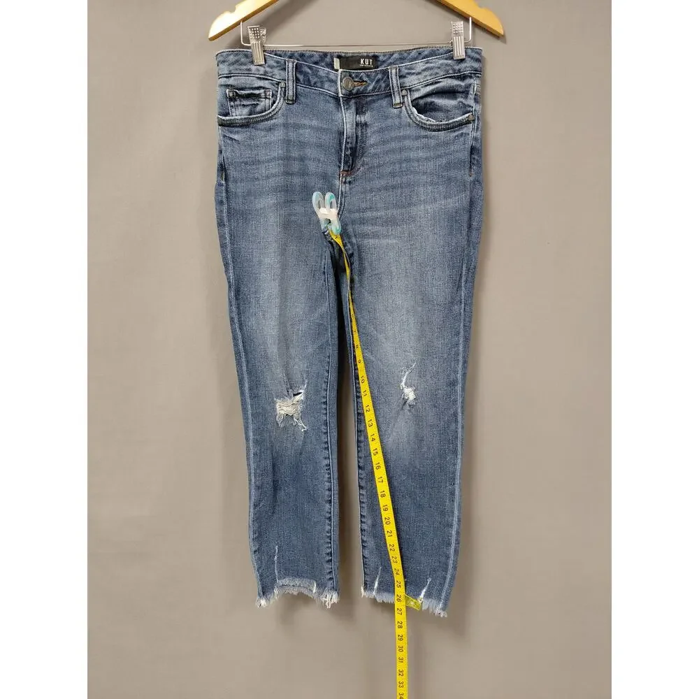KUT from the Kloth Blue Distressed Raw Hem Straight Leg Jeans Women Size 4